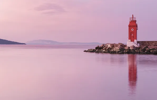 Sea, morning, sunrise, dawn, lighthouse, Croatia, Adriatic Sea, Krk