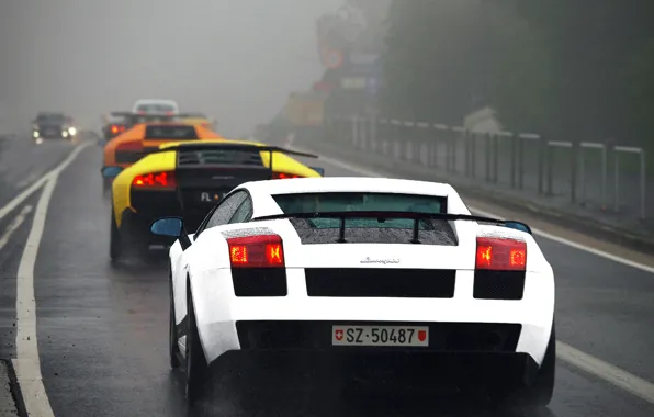 Picture white, orange, yellow, fog, rain, black, Lamborghini, highway