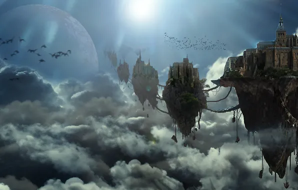 Picture the sky, clouds, city, bird, The celestial city