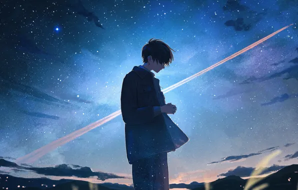 The sky, night, the plane, guy, sad