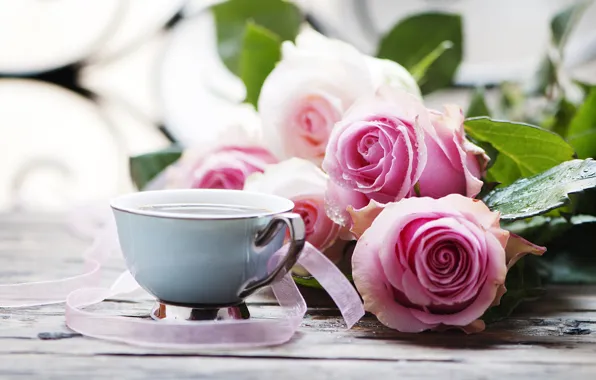 Picture leaves, table, roses, Cup, drink, pink, ribbons, bokeh