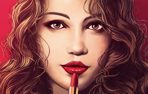 Look, girl, face, hair, lipstick, art, painting, red lips