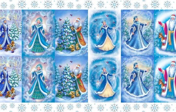 Picture winter, mood, holiday, art, New year, maiden, Santa Claus, snowflake, postcard, children's