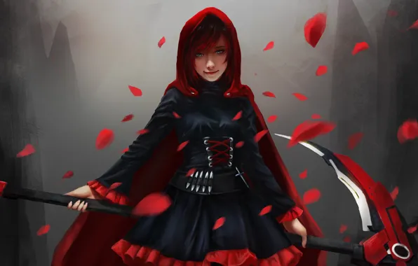 Petals, braid, red, cloak, anime, art, rwby, ruby rose