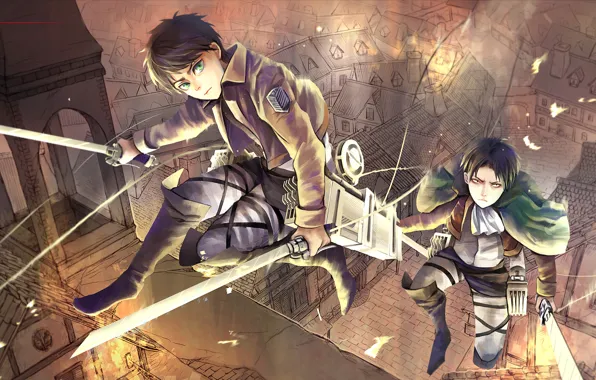 Weapons, roof, guys, Attack on Titan, Shingeki no Kyojin, Eren Jaeger, Rivaille, Levi