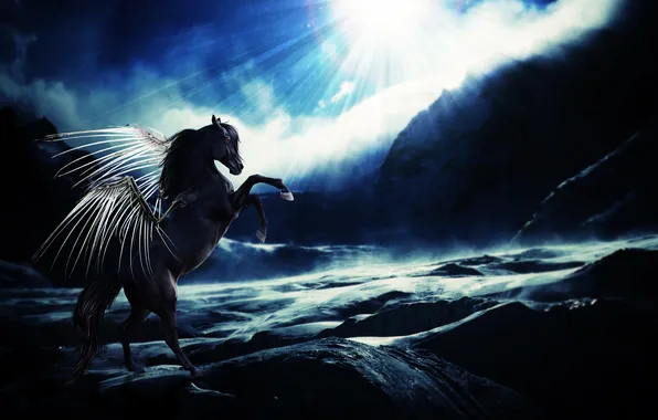 Picture the sun, clouds, rocks, wings, Horse, red eyes