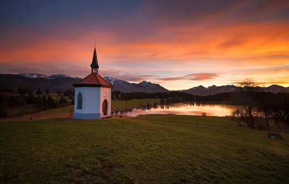 Sunset, mountains, lake, Bayern, horizon, Church