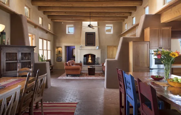 Interior, fireplace, living room, dining room, New Mexico, Santa Fe, hasienda, Coppermallow Road