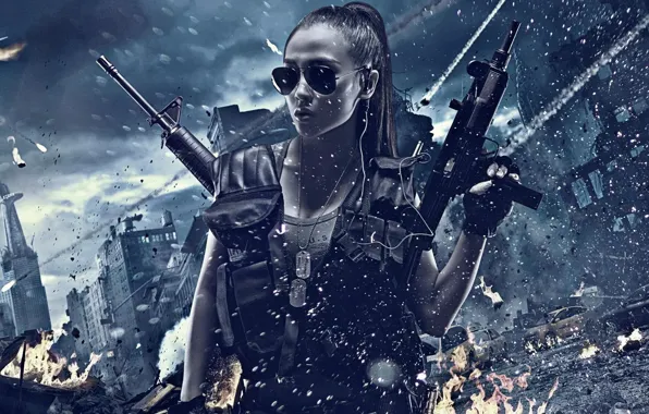 Picture girl, the explosion, the city, weapons, shooting