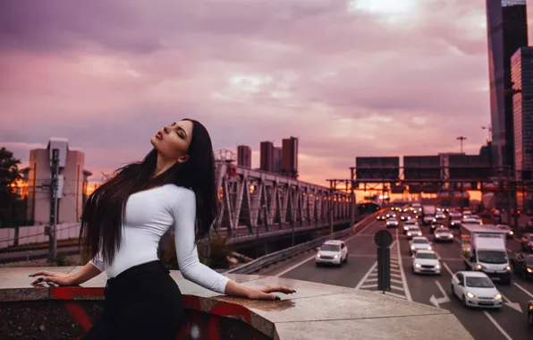 Picture chest, the sky, girl, machine, the city, pose, the evening, traffic