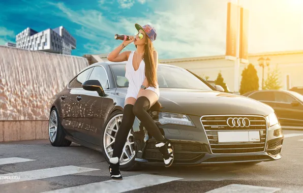 Picture auto, girl, Audi, Girls, glasses, cap