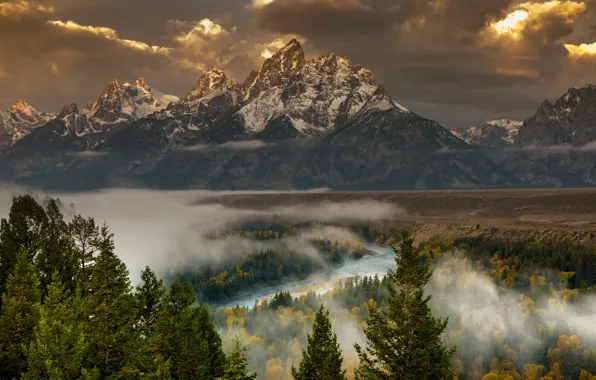 Picture the sky, clouds, trees, mountains, nature, fog, river, rocks