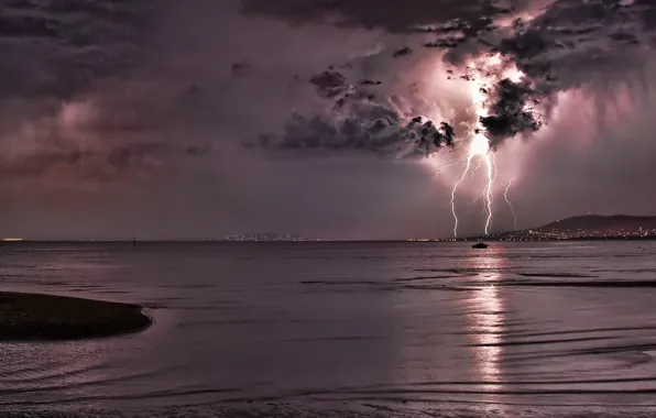 Picture sea, night, lightning, thunder
