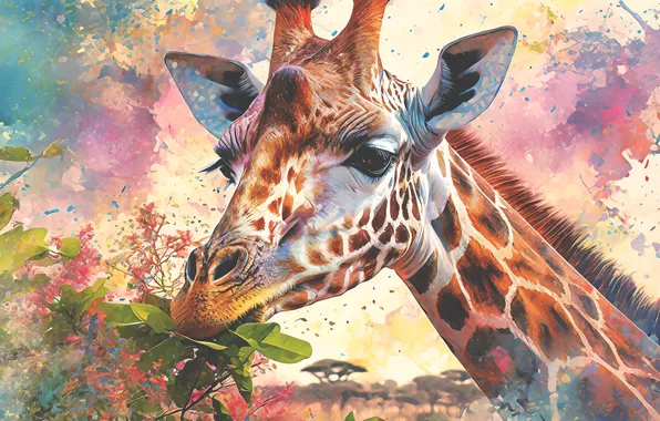 Look, leaves, portrait, giraffe, painting, face, meal, imitation painting