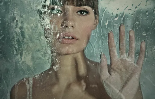 Picture look, glass, water, girl, drops, face, hand, portrait