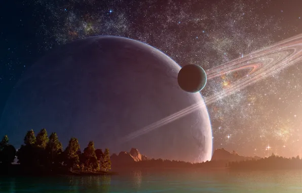 Picture forest, the sky, water, stars, mountains, river, planet