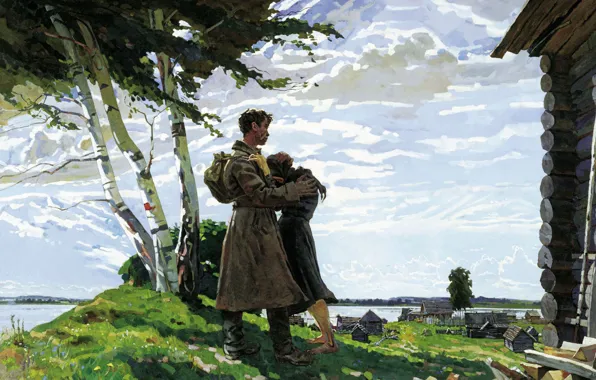 Picture mood, figure, meeting, soldiers, birch
