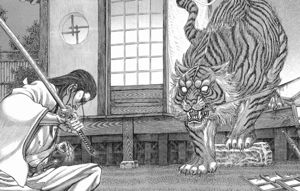 Picture sword, blood, long hair, wood, tiger, anime, katana, man