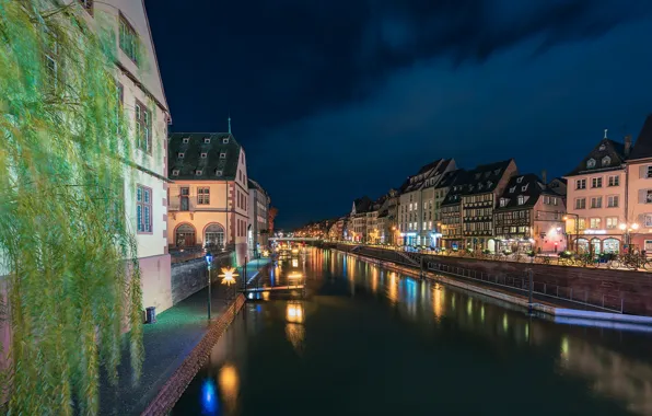 Night, lights, France, Strasbourg