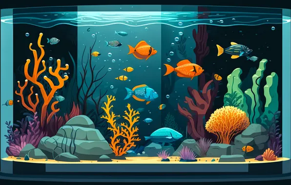 Water, fish, algae, bubbles, graphics, aquarium, corals, blue