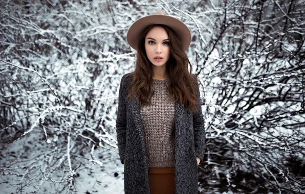 Winter, girl, snow, hat, makeup, hairstyle, brown hair, beauty