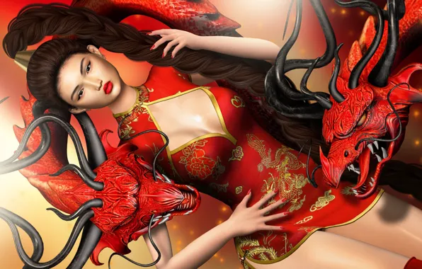 Wallpaper dragon, style, girl, figure