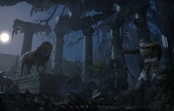 Lions, computer game, Assassin’s Creed Origins, Eddie Bennun, Den in Greek ruins