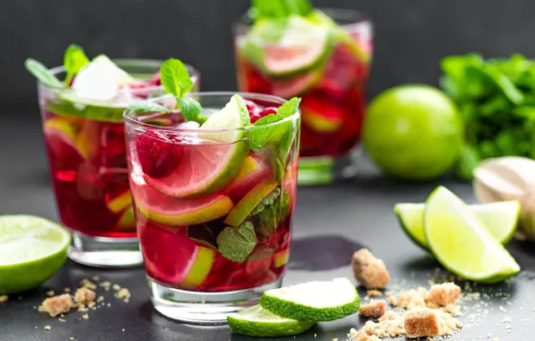 Raspberry, cocktail, lime, glasses, mint, Mojito