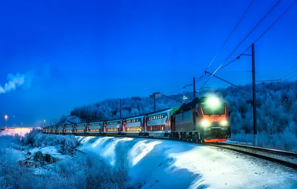 Picture lights, clear sky, trees, landscape, photographer, winter, snow, evening