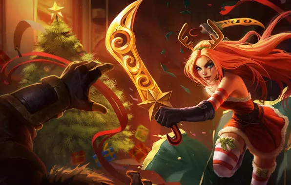 Picture girl, tree, sword, New year, League of legends