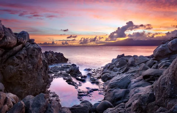 Sunset, the ocean, rocks, coast, Hawaii, Maui
