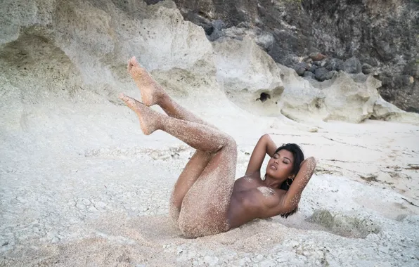 Rock, beach, hot girl, nature, nipples, boobs, stone, tits