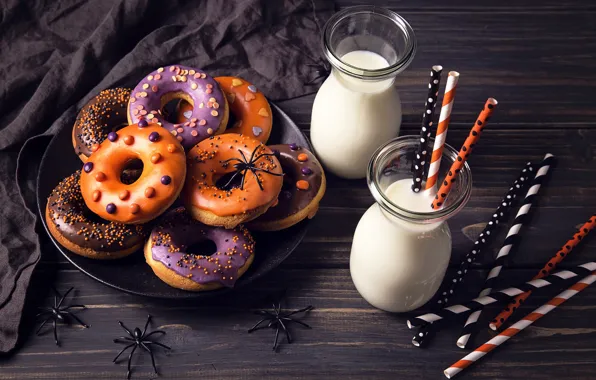 Spiders, milk, Halloween, Halloween, donuts, cakes, sweet, sweet