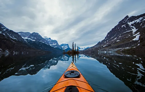Boat, Montana, USA, kayak, Rocky mountains, Glacier national Park