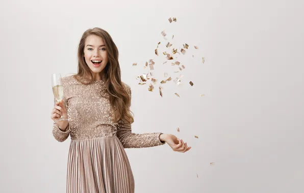Girl, joy, pose, smile, wine, glass, positive, hands