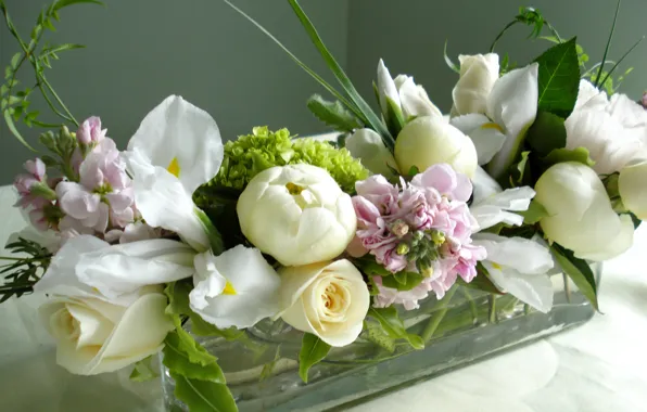 Vase, Roses, irises, delphinium