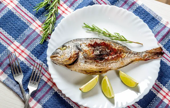 Greens, table, fish, plate, lime, slices, napkin, fork