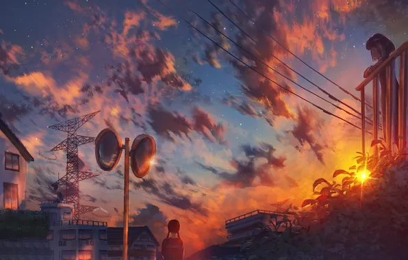 Sunset, the city, Schoolgirls