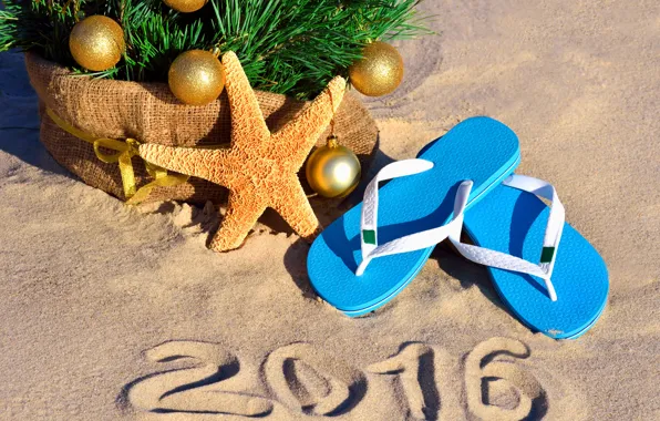 Picture sand, sea, beach, decoration, toys, tree, New Year, shell