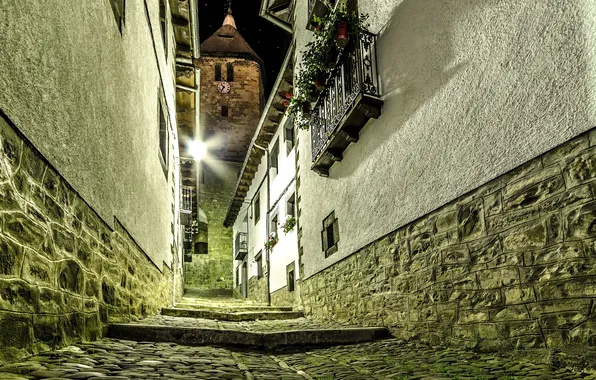 Flowers, night, lights, street, tower, home, balcony