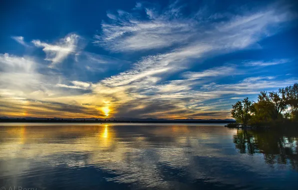 The sky, clouds, sunset, lake, reflection