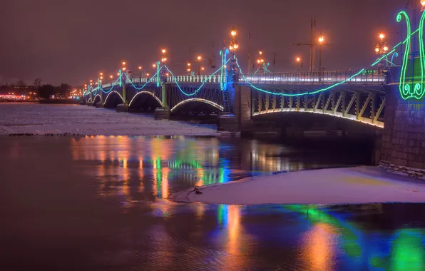 Winter, snow, night, bridge, lights, river, lights, Saint Petersburg