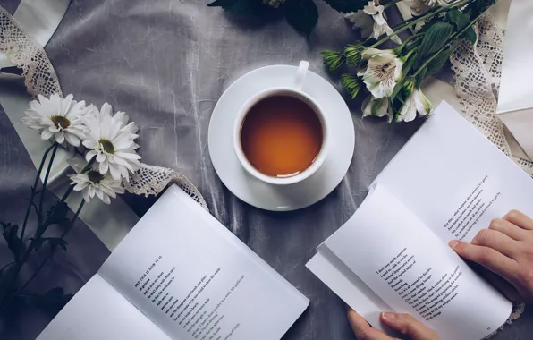 Flowers, book, reading, Tea