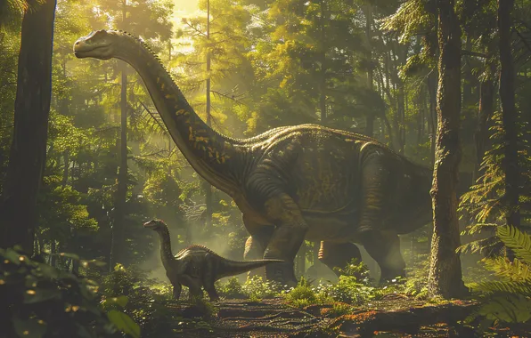 Trees, Two, Animals, Digital art, Dinosaurs, Ancient animals, Extinct animals, Prehistoric