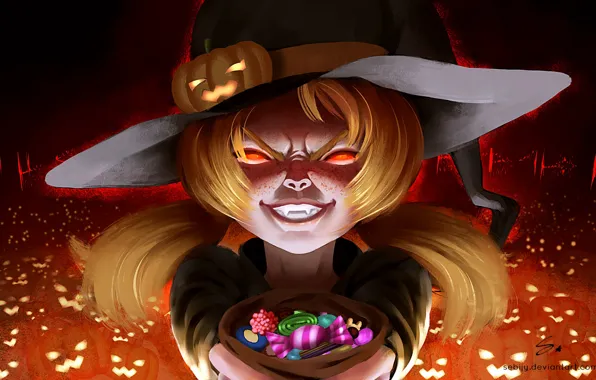 Pumpkin, sweets, fangs, girl, bag, halloween, baby, Jack