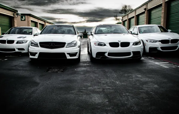 BMW, Mercedes, white, AMG, e90, 328i, F30, C63