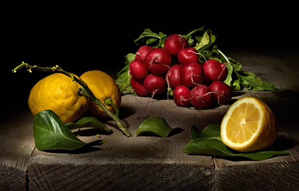 Leaves, Board, food, the beam, black background, still life, items, lemons