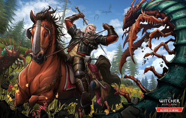 Picture attack, horse, sword, the Witcher, art, Witcher, Gwynbleidd, Patrick Brown