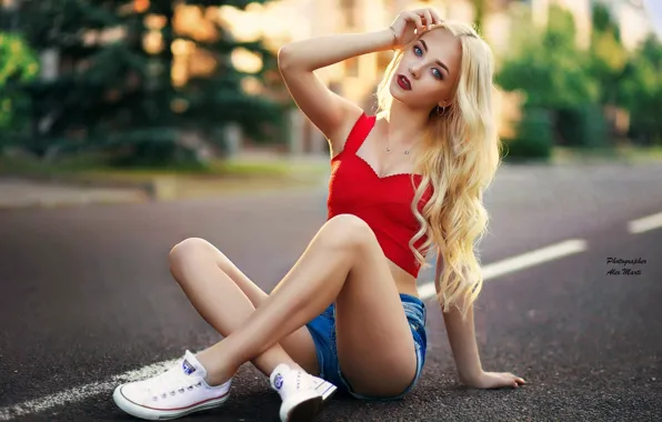 Picture girl, trees, street, shorts, sneakers, home, makeup, Mike