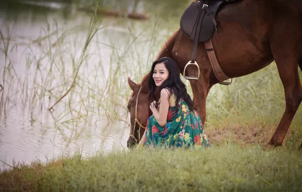 Picture summer, grass, smile, lake, horse, thirst, horse, dress